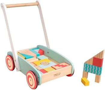 Owl & Fox Wooden Baby Walker with 29 Assorted Colourful Blocks, Traditional Push Along Early Development & Activity Toy, Sustainably Sourced, for Ages 12 Months+