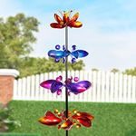 Exhart Wind Spinner, Lotus Flower Garden Stake with 4 Flowers, Wind Powered Metal Outdoor Garden Decor and Yard Art, 17 x 72 Inch