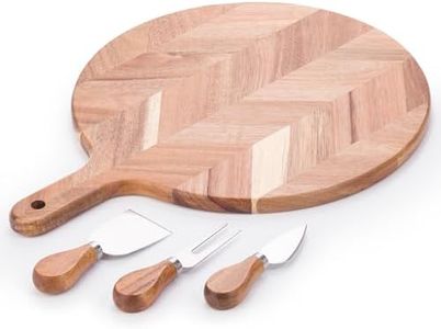 woodluv Herringbone Pattern Acacia Wood Cheese Board Set Pizza Cutting Board Cake Serving Board with Three Cheese Knives, Wooden Snack Canape Platter