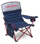 Barstool Sports Padded Low Boy Deluxe Sports Chair, Includes Two Insulated Cup Holders, Phone Holder, Bottle Opener, and Angled Back for Extra Comfort, Navy/Grey