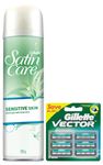 Gillette Satin Care Sensitive Skin Gel for Women with Aloe Vera - 195 g & Gillette Vector Plus Manual Shaving Razor Blades (Cartridge) - 6s Pack