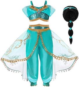 Hamanasu Vestito da Principessa Jasmine Bambina Jasmine Costume con Accessori Corona Bacchetta Costume da Halloween Carnevale Cosplay Compleanno Natale Festa Vestito Fantasia 130