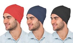 PrimeBox Unisex Helmet Skull Cap for Bikers Cotton Head Caps, Helmet Cover Cap for Men Women, Pack of 3pcs Combo (Helmet-Cap-Black-Blue-Red-Combo)