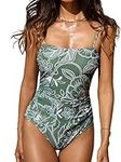 CUPSHE Women Swimsuit One Piece Bathing Suit Square Neck Cutout Back Tummy Control with Adjustable Spaghetti Straps, Green Floral, Medium