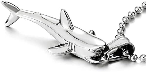 COOLSTEELANDBEYOND Pulido Tiburón Colgante Collar de Hombre Mujer, Acero Inoxidable, Cadena de Bolas 60CM, Cool