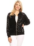 Anna-Kaci Womens Sequin Long Sleeve Front Zip Jacket With Ribbed Cuffs, Black Diamond, X-Large