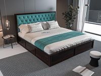 Sheeshamwallah Wooden King Size Bed with Box Storage for Bedroom, Dark Green Upholstered Cushioned Headboard, Solid Sheesham Wood, Walnut Finish, Mattress Size: 78 X 72 in