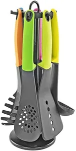 Southern Homewares Plastic Set of 7 Kitchen Utensils w/Holder - Includes Ladle, Spatula, Spoon, Spaghetti Server, and More