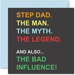 Funny Birthday Cards for Step Dad - Man Myth Legend Bad Influence - Joke Happy Birthday Card for Stepdad from Son Daughter, Banter Gifts, 145mm x 145mm Father's Greeting Cards Gift for Daddy Papa