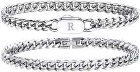 Hisatan Initial Bracelets for Men, 2 Pcs A-Z Letter Bracelet Silver Mens Bracelet with Initial, Stainless Steel Stylish Non Tarnish Cuban Link Bracelet for Men Jewelry Gifts, 9"