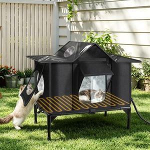 Heated Outdoor Cat House Weatherproof with Heating Pad, Insulated Feral Cat Houses for Outdoor Cats, Safe Escape Door, Heated Cats House for Outside, Outside Stray Cats Shelter with Elevated Base(L)