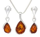 LIGURIUS NATURAL BALTIC AMBER STERLING SILVER 925 NECKLACE & EARRINGS Set Cognac Gemstone For Women & Silver Adjustable CHAIN Snake 45cm - 50 cm, Gift set