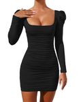 Belriviere Womens Sexy Ruched Bodycon Mini Dress Long Sleeve Square Neck Backless Club Party Cocktail Short Dresses L Black