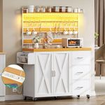 YITAHOME Kitchen Island with Power Outlet & LED Light, 53 Inch Large Baker Rack Cart with Storage Cabinet Tall Shelf on Wheels Thick Counter Glass Holder Hooks Spice Rack, White & Oak