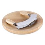 Navaris Cutting Board & Mezzaluna Knife - Wooden Chopping Board & 2-Bladed Curved Herb Cutter - Round Rubberwood Board & Double Blade Rocker Chopper