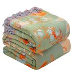 HOORDRY Boho Throw Blanket for Sofa, 100% Cotton Super Soft Floral Print Bed Throw For All Season，80"×90" Rustic Vintage Throw Suitable for Chair Table Couch,Green & White