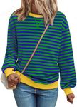 Trendy Queen Sweatshirts for Women 2024 Fall Crewneck Striped Long Sleeve Shirts Preppy Tops Y2K Winter Outfits Clothes BlueGreen M