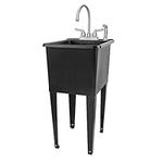 Black Space Saver Utility Sink by JS Jackson Supplies, Freestanding Tehila Space Saving Laundry Tub, Stainless Steel Gooseneck Faucet with Side Sprayer