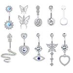 MILACOLATO 14G Belly Bar Belly Button Ring Kit 316L Surgical Steel Dangly Belly Button Piercing Jewellery Long Chain CZ Moonstone Snake Heart Butterfly Belly Bar Pack Silver Gold 10Pcs 10SWhite