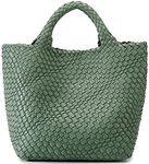 Queenoris Woven Bag for Women, Vegan Leather Tote Bag Large Summer Beach Travel Handbag and Purse Retro Handmade Shoulder Bag, Bean Green