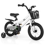 COSTWAY Kids Bike, 14 Inch Toddler Bike for Boys & Girls Aged 3-8 Years Old, Kids Bicycle w/Removable Training Wheels, Handbrake & Coaster Brake, Basket, Bell (White, Checkerboard Pattern)