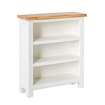 Farrow Small Living Room White Bookcase for Small Spaces | Roseland Furniture Contemporary Low Painted Pine Solid Wooden Childrens Bookshelf with 3 Shelves with Oak Top for Bedroom or Hallway