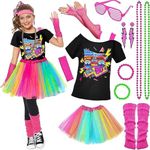 Tacobear 14Pcs Kids 80s Costume 5T-14 Accessories Set Halloween Party Fancy Outfits Cosplay 1980s Theme Retro Hop Hip Party for Girls Teen Tween Teenager 6 7 8 9 10 11 12 13