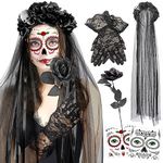 HOWAF Halloween Day of the Dead Headband Veil Rose Floral Crown Mexican Headband Halloween Face Tattoos Day of The Dead Tattoo Sugar Skull Lace Gloves Black Roses for Women Halloween Costume