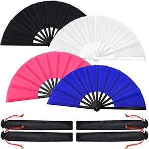 4 Pieces Large Folding Fan Silk Hand Fan Chinese Japanese Kung Fu Tai Chi Handheld Fan Folding Dancing Prop Craft Fan for Men Women Festival Wedding Party (Black, Royal Blue, Rose Red, White)