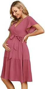KOJOOIN Robe de maternité pour Femme Robe d'allaitement à col en V Robes de maternité décontractées à Volants,Rose (Manches Courtes),L