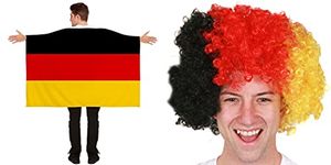 ADULTS CAPE ACCESSORY SET - EUROS WORLD CUP WEARABLE GERMAN FLAG WITH MATCHING CURLY WIG - GERMAN FOOTBALL DECORATIONS GERMANY FLAG PLUS YELLOW, RED AND BLACK AFRO WIG (ONE SIZE)