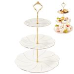 DUJUST Luxury Porcelain 3-Tier Cupcake Stand Tower, British Style Serving Tray with Golden Trim, Food Grade Dessert Display Stand, Beautiful Gift for Tea Party & Home Décor