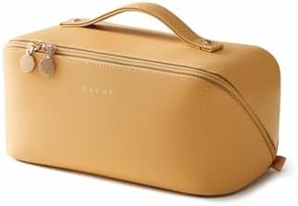 EACHY Travel Makeup Bag for Women, Flat Open Cosmetic Bag, Yellow, Large | PU leather organizer with flat-open access, storage pockets and clear TPU brush compartment for daily makeup and toiletries