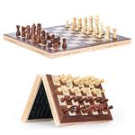 Syrace Magnetic Chess & Checkers Set Board Games, Wooden Foldable Hand Carved Portable Travel Chess Board Game Sets with Game Pieces & Storage Slots 15.74"