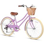 Glerc 24 Inch Girls Cruiser Bike 6-Speed Cruiser Women's Hybird Bicycle for Ages 7 8 9 10 11 Years Old with Wicker Basket. Lightweight Frame and Fork, Purple