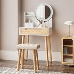 YOURLITE Small Dressing Table with 3 Adjustable Lighted Mirror, Vanity Table with Storage Shelf Cushioned Stool, Makeup Desk with Drawer for Bedroom, Compact Makeup Vanity for Small Space