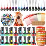 Fumete 130 Pcs Camping Party Favors Happy Camper Party with Silicone Bracelets, Mini Compass, Mini Flashlight Keychains, Stickers, Bag and Tag Camping Adventure Friend Birthday Party (Classic Style)