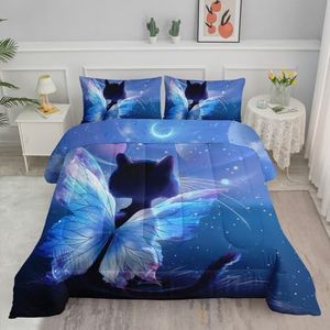 Axolotl Butterfly Cat Bedding Full Cartoon Cat Comforter Set,Moon Stars Space Printed Kids Bedding Set for Kids Girls Boys Adults Teens,Kids Comforter Set All Season,1 Quilt 2 Pillow Cases,Navy Blue