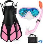 AosDero Kids Snorkeling Set with Flippers Panoramic Snorkel Mask Dry Top Snorkel Earplugs Gear Bag,Snorkeling Gear for Kids,Youth,Boys and Girls Age 5-12