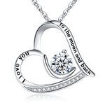 BriLove Women 925 Sterling Silver CZ Engraved"I Love You to the Moon and Back" Moon Love Heart Pendant Necklace Clear April Birthstone, Christmas Valentines Birthday Mother's Day Jewelry Gift