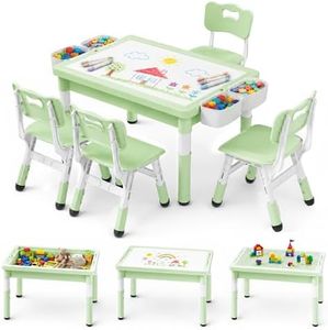 TODECARE 4 in 1 Kids Table and 4 Chairs Set, Reversible Tabletop, Green