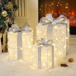 Christmas Lighted Gift Box Decor Lights, 3 PCS Gift Box Pattern Lights Remote & USB Operated, Decorative Lights with Glam White Silver Bow, Xmas Decor for Home Porch Lawn Party Noel