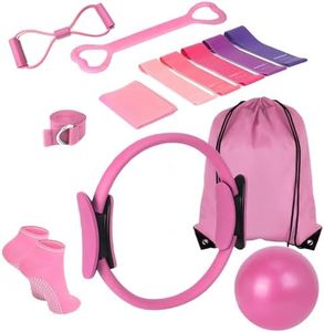 KABCON Pilates Ring Essentials Kit for Women with 9.8” Exercise Ball,Resistance Bands, Yoga Socks, Carrying Bag, 13-Piece Home Workout Set