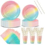 Nkaiso Party Tableware 120 Pieces Rainbow Gold Kids Birthday Party Plates Party Supplies Set Includes Paper Plates Napkins Cutlery for Birthday Decorations Christening Wedding Shower-24 Guests