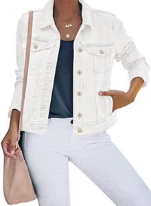 luvamia Women's Basic Button Down Stretch Fitted Long Sleeves Denim Jean Jacket, White, Large