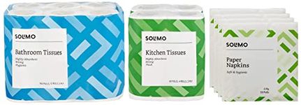 Amazon Brand - Solimo 3 Ply Toilet Paper/Tissue Roll - 12 Rolls (160 Pulls Per Roll) & 2 Ply Kitchen Tissue Paper Roll - 4 Rolls (60 Pulls Per Roll) & 2 Ply Paper Napkins - 50 Pulls (Pack of 4)