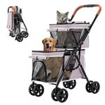 LPOTIUS Double Pet Stroller for Dogs and Cats, One-Hand Folding Dog Stroller Travel Carriage for Small Medium Dogs Cats, 4 Wheels, Pink