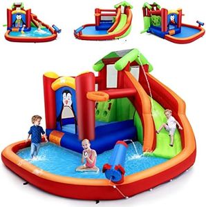 COSTWAY Château Gonflable avec Toboggan Aquatique & Maison de Saut, Aire de Jeux Gonflable avec Piscine & Motif de Pingouin, Canon à Eau & Panier, Charge 135kg pour 3 Enfants de 3 à 10 Ans