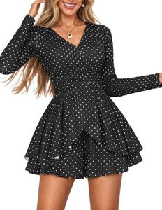Women's Black Polka Dot Dressy Romper V Neck Long Sleeve Romper Dress