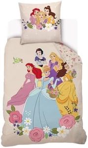 Disney - Funda nórdica Disney Princesas Florales 140 x 200 cm + 1 funda de almohada de 63 x 63 cm, 100% algodón, color beige